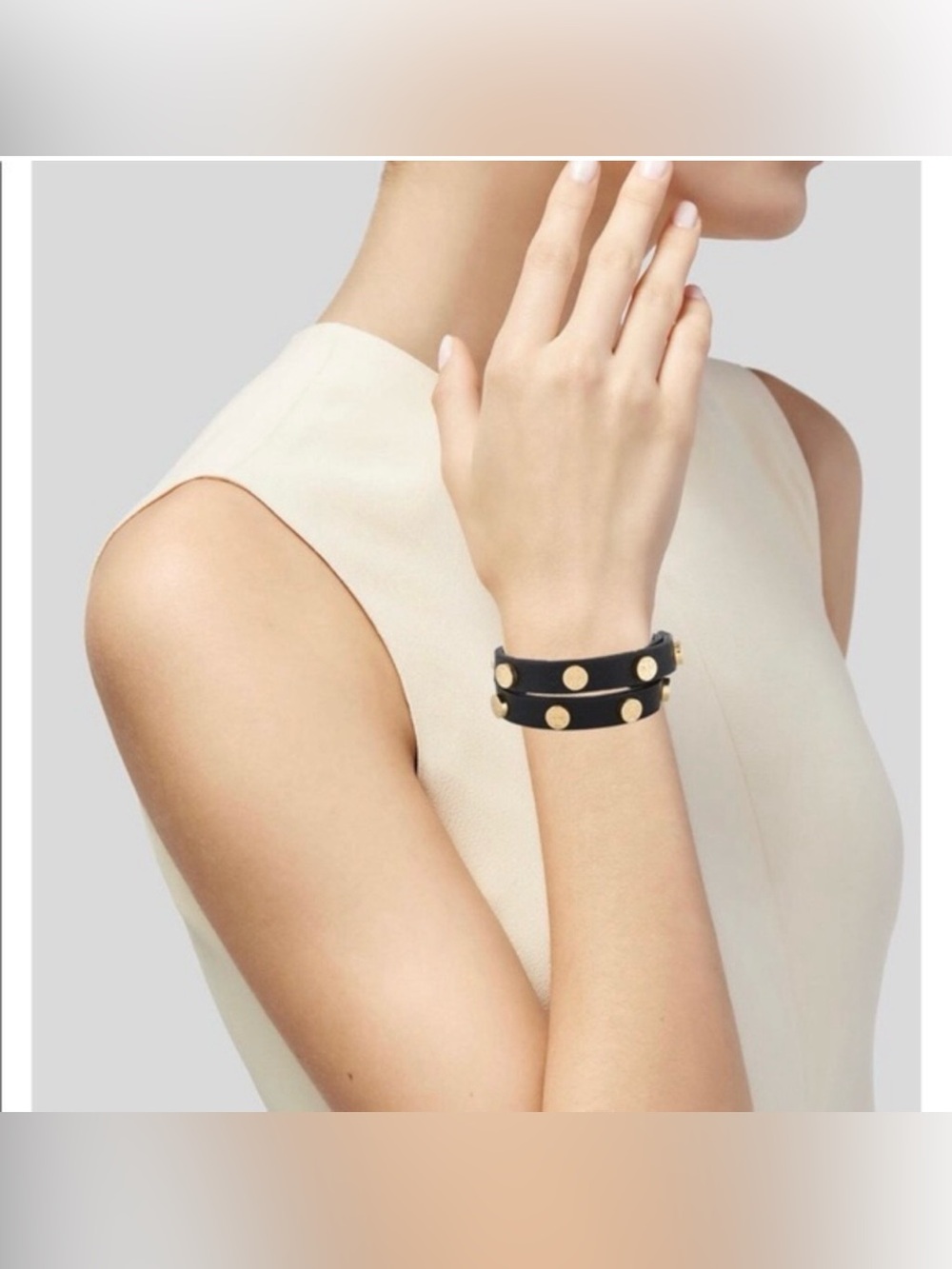 Tory Burch black Leather Double-Wrap Bracelet with Gold Studs